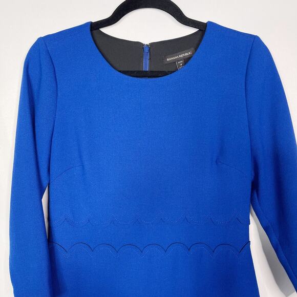 Banana Republic 4P Blue Scalloped Waist Sheath Dress 3/4 Sleeve Double Face - Picture 3 of 10